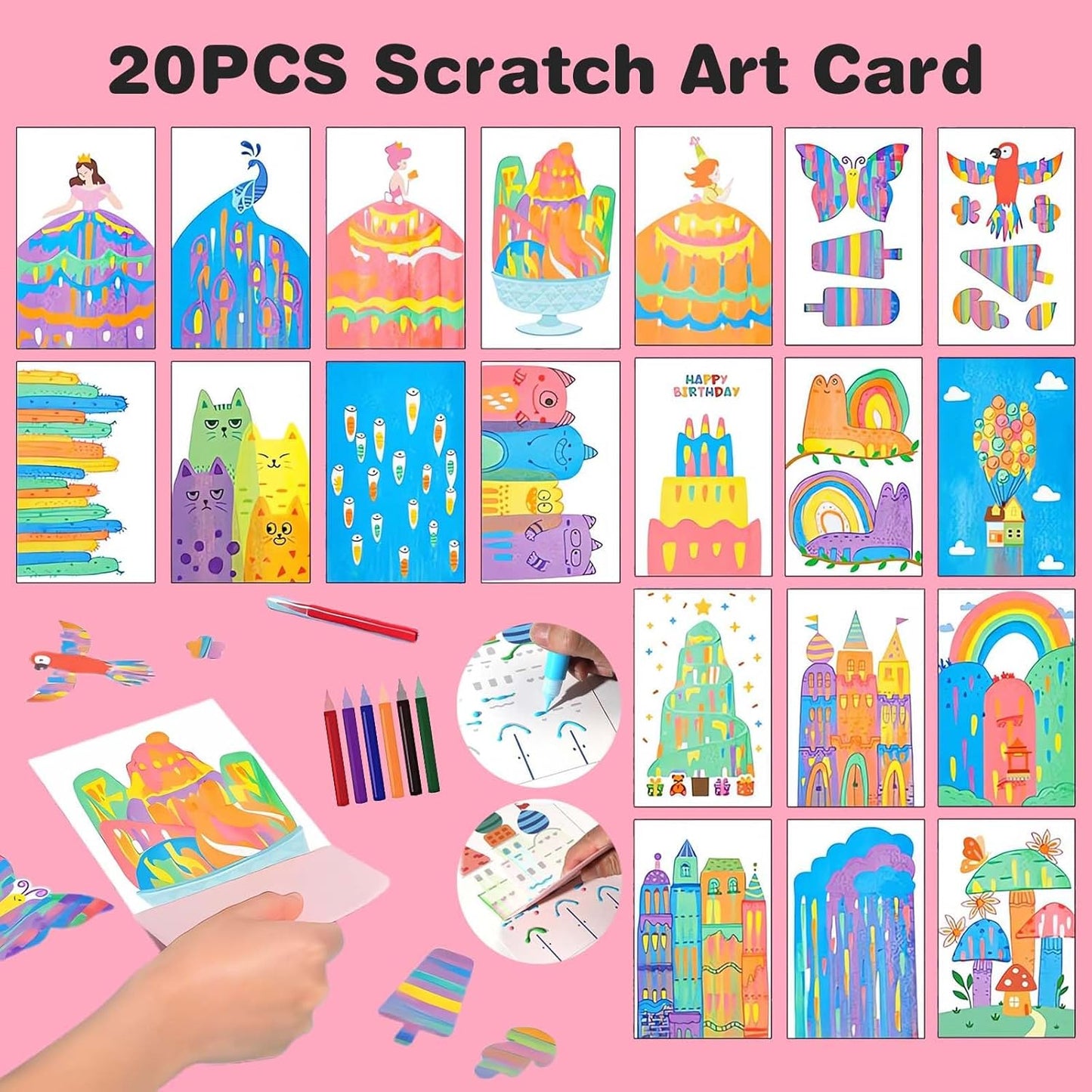 Kaiwatoy®Squeegee Art Craft Kit, Creative Painting Kit for Kids, Rainbow Scratch Paper Art Set Notebooks