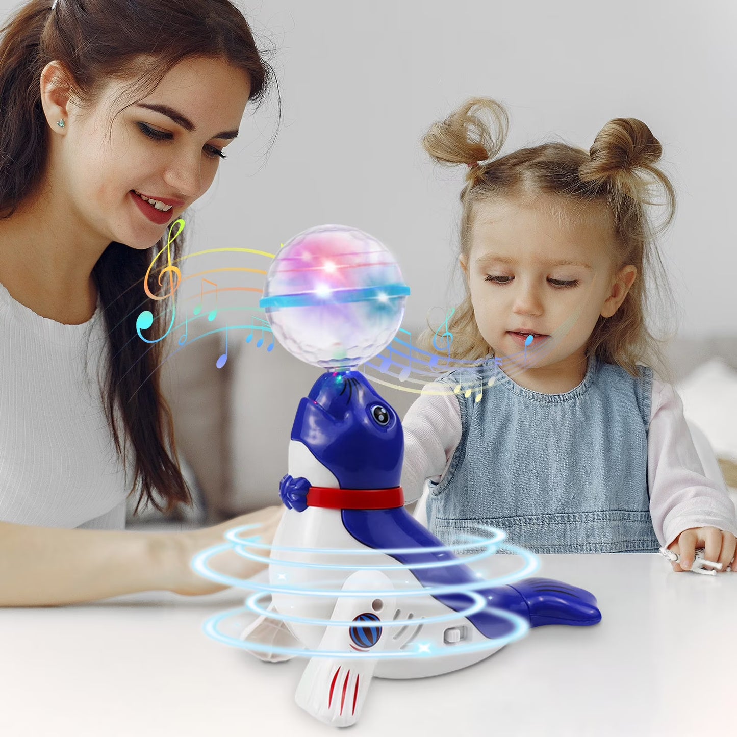Interactive Spinning Sea Lions /Dog Motorized Toy - Rotating Light Music Projection Singing Animal for Kids, Battery Powered