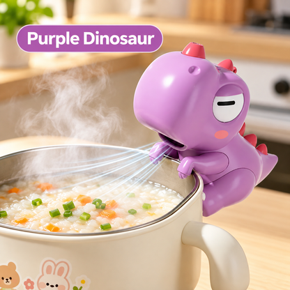 Purple dinosaur food cooling fan clipped to a cup of porridge