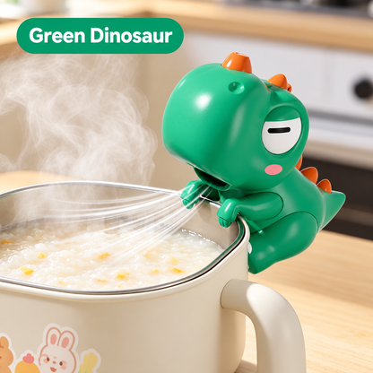 Green dinosaur food cooling fan clipped to a cup of porridge