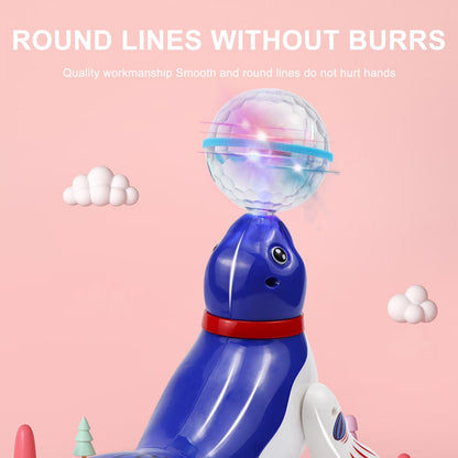 Interactive Spinning Sea Lions /Dog Motorized Toy - Rotating Light Music Projection Singing Animal for Kids, Battery Powered