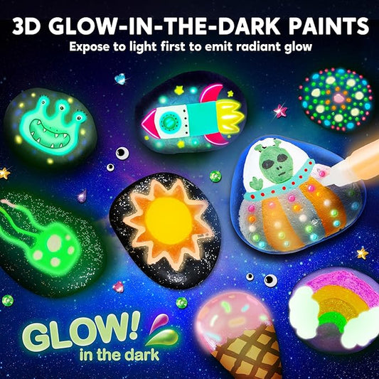 Rock Painting Kit- Glow in The Dark Rock Kit, Arts and Crafts for Kids Ages 4-12, Art Supplies Toy , Kids Craft Paint Kits, Arts & Crafts for Boys Girls Birthday Party Gift Toy