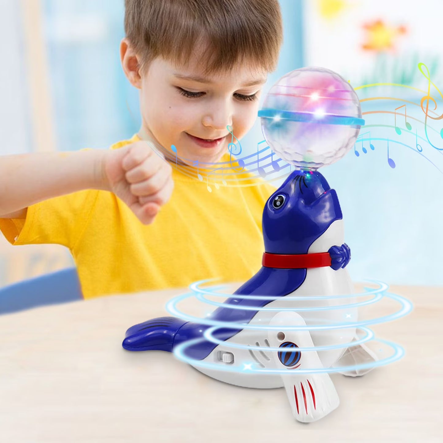 Interactive Spinning Sea Lions /Dog Motorized Toy - Rotating Light Music Projection Singing Animal for Kids, Battery Powered