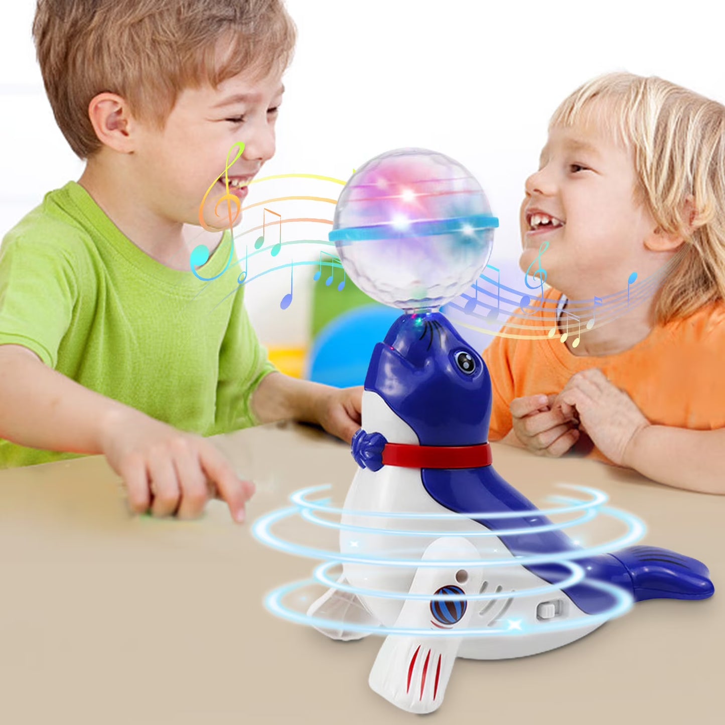 Interactive Spinning Sea Lions /Dog Motorized Toy - Rotating Light Music Projection Singing Animal for Kids, Battery Powered