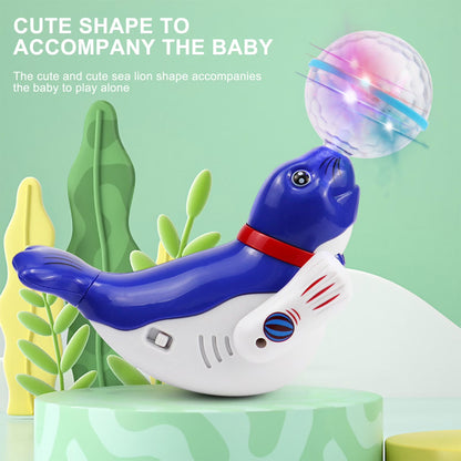 Interactive Spinning Sea Lions /Dog Motorized Toy - Rotating Light Music Projection Singing Animal for Kids, Battery Powered