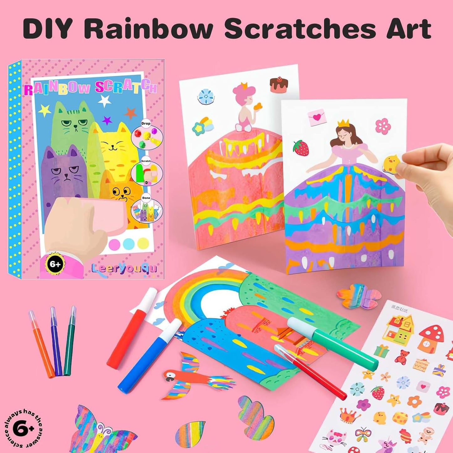 Kaiwatoy®Squeegee Art Craft Kit, Creative Painting Kit for Kids, Rainbow Scratch Paper Art Set Notebooks