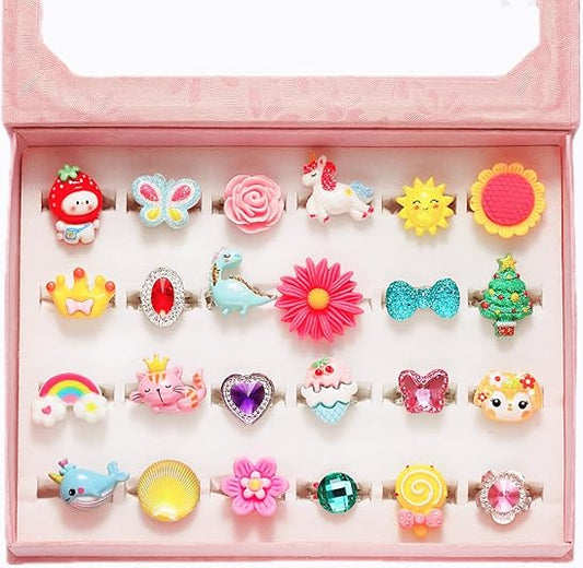 PinkSheep Little Girl Jewel Rings in Box, Adjustable, No Duplication, Girl Pretend Play and Dress Up Rings (24 Lovely Ring