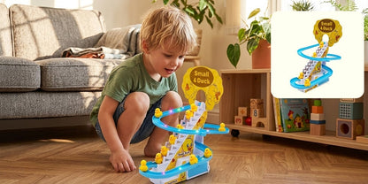 Duck race track toy shown during indoor playtime