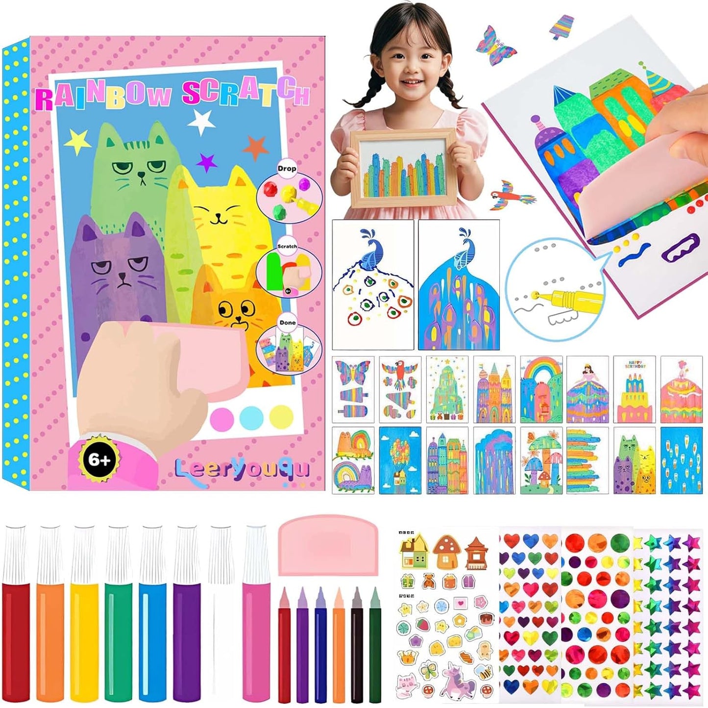 Kaiwatoy®Squeegee Art Craft Kit, Creative Painting Kit for Kids, Rainbow Scratch Paper Art Set Notebooks