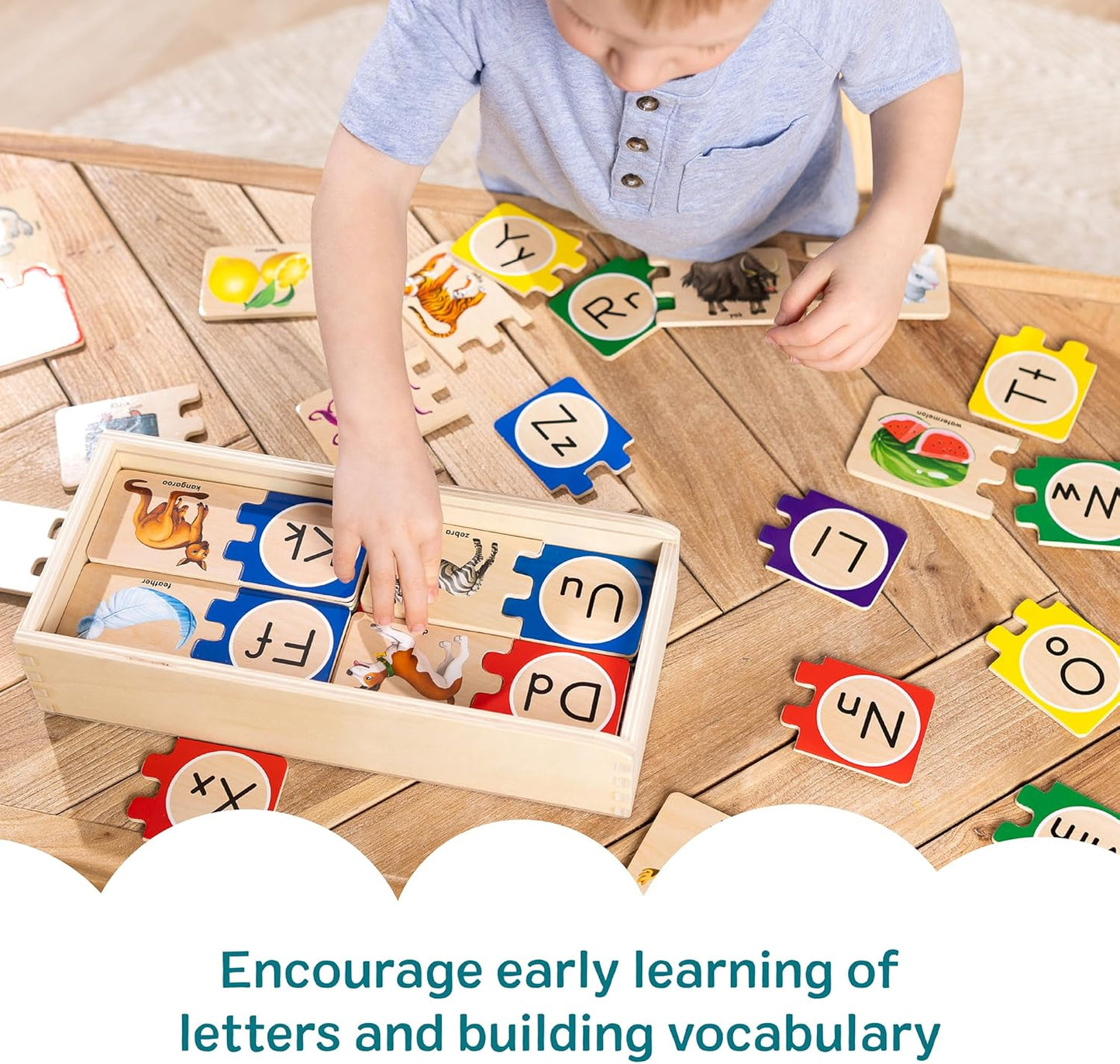 Kaiwatoy®Self-Correcting Alphabet Puzzle (52 pcs) with Toy Storage Box, Wooden ABC Puzzles for Toddlers & Preschoolers, Montessori Learning Toys for Girls & Boys 4+