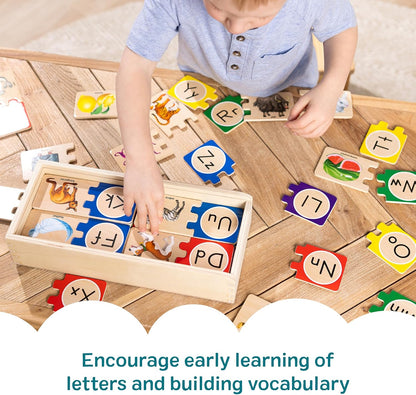 Kaiwatoy®Self-Correcting Alphabet Puzzle (52 pcs) with Toy Storage Box, Wooden ABC Puzzles for Toddlers & Preschoolers, Montessori Learning Toys for Girls & Boys 4+