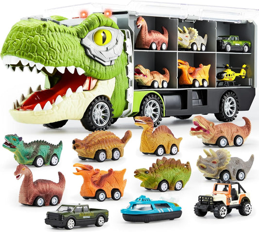 13 in 1 Dinosaur Toys for Kids 3-5, Dinosaur Truck with 12 Pull Back Cars, Birthday Gifts Toys for 3 4 5+ Year Old Boy, Transport Carrier Truck for Toddlers, Easter Kids Gifts