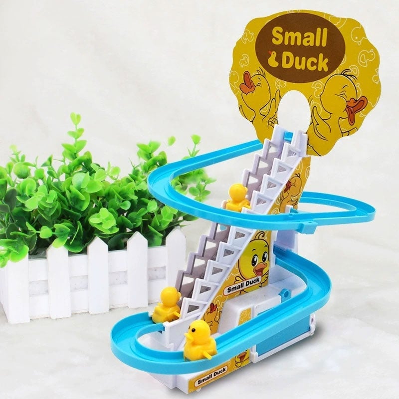 Electric duck climbing race track toy with blue slides and yellow ducks