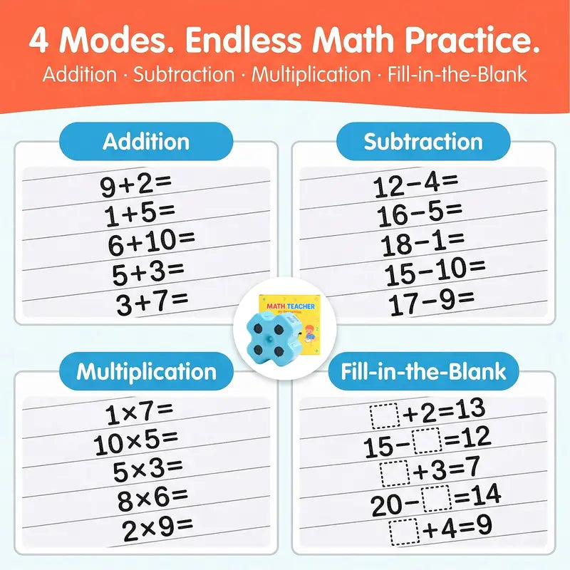 Math Teacher 4 in 1 Math Roller Stamp, Addition Subtraction Multiplication Practice Tool