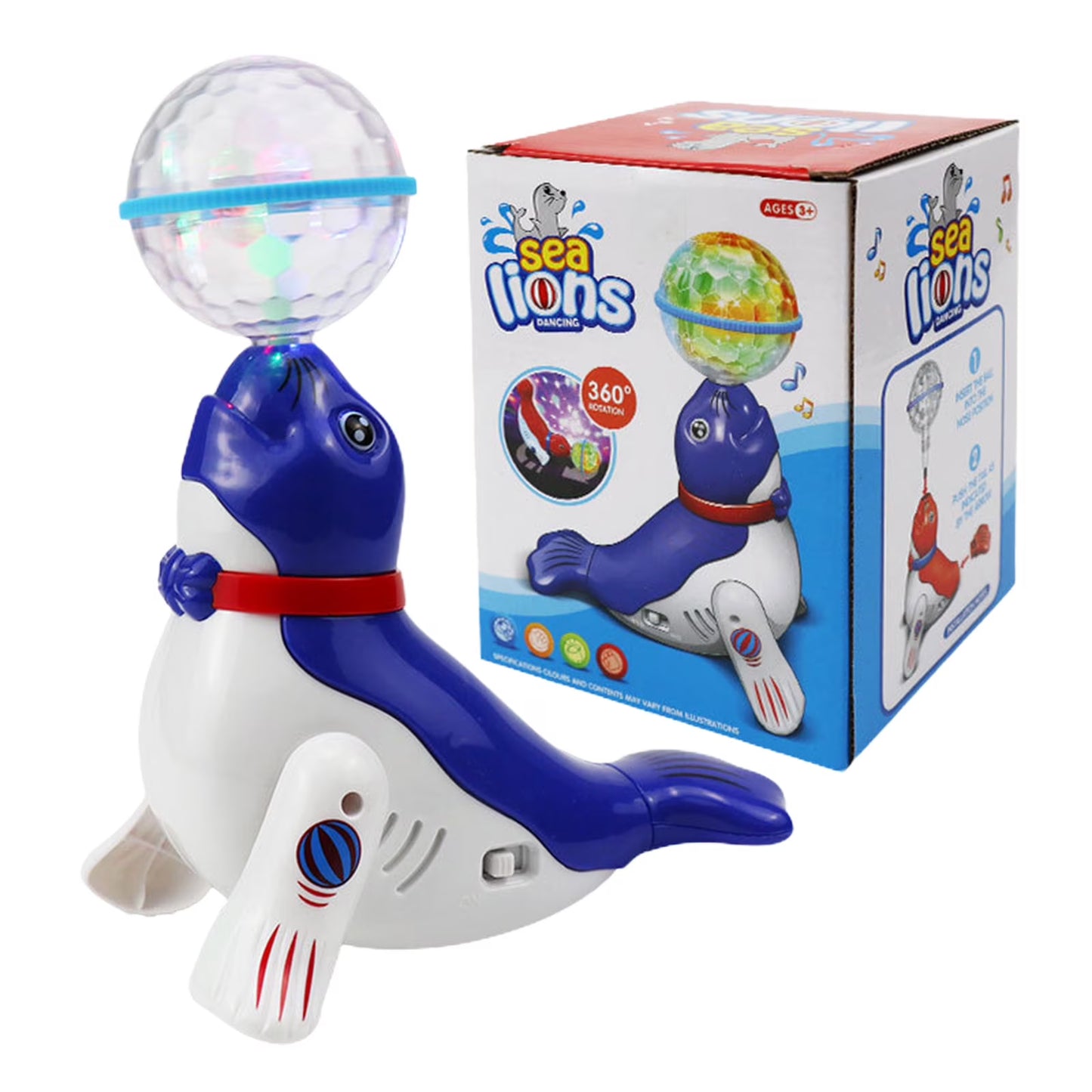 Interactive Spinning Sea Lions /Dog Motorized Toy - Rotating Light Music Projection Singing Animal for Kids, Battery Powered