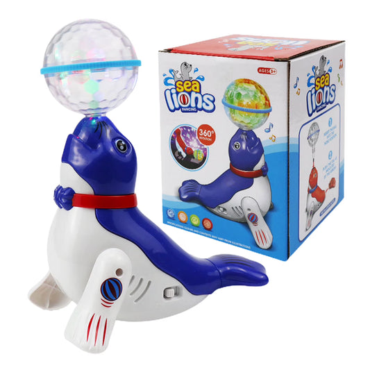 Interactive Spinning Sea Lions /Dog Motorized Toy - Rotating Light Music Projection Singing Animal for Kids, Battery Powered