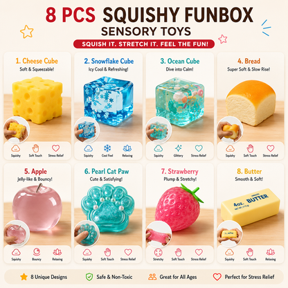 8-Piece Mystery Squishy Box — Ultimate Malt Sugar Stress Relief Sensory Bundle
