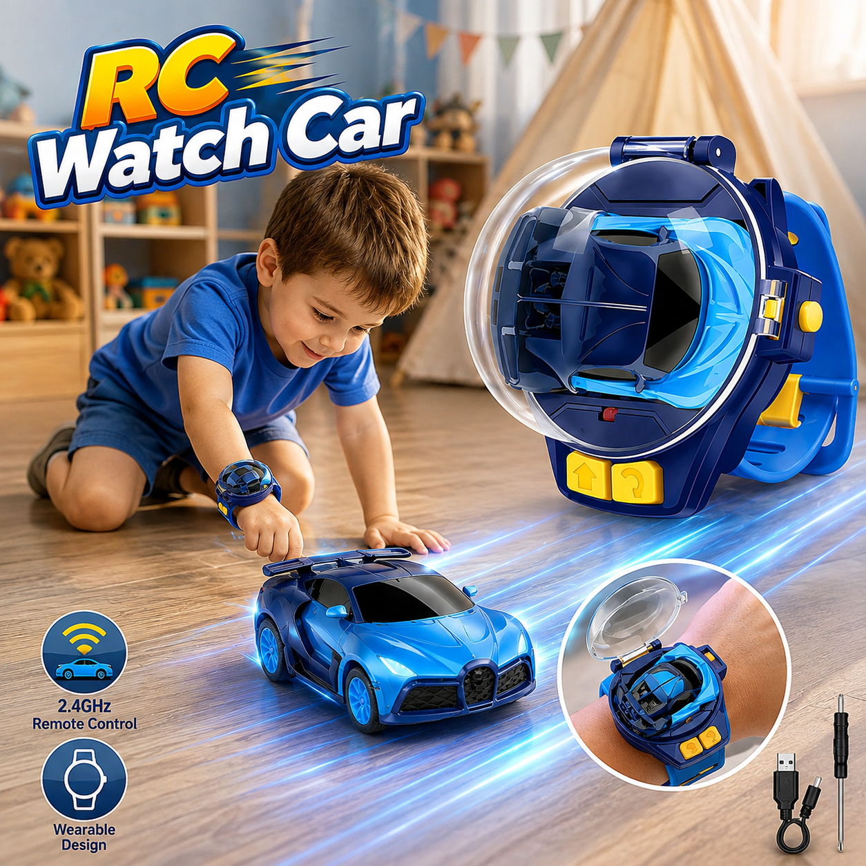 Wearable Watch RC Car | One Button Pop-Up Mini Racer For Quiet Indoor Play