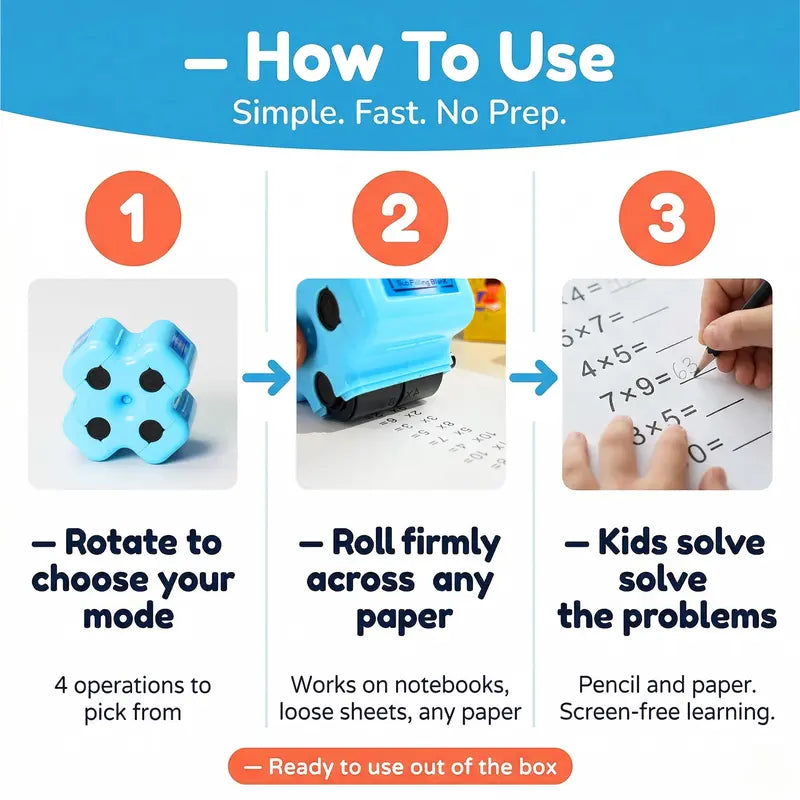 Math Teacher 4 in 1 Math Roller Stamp, Addition Subtraction Multiplication Practice Tool