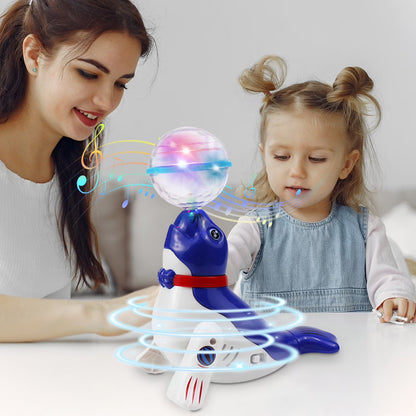Interactive Spinning Sea Lions /Dog Motorized Toy - Rotating Light Music Projection Singing Animal for Kids, Battery Powered
