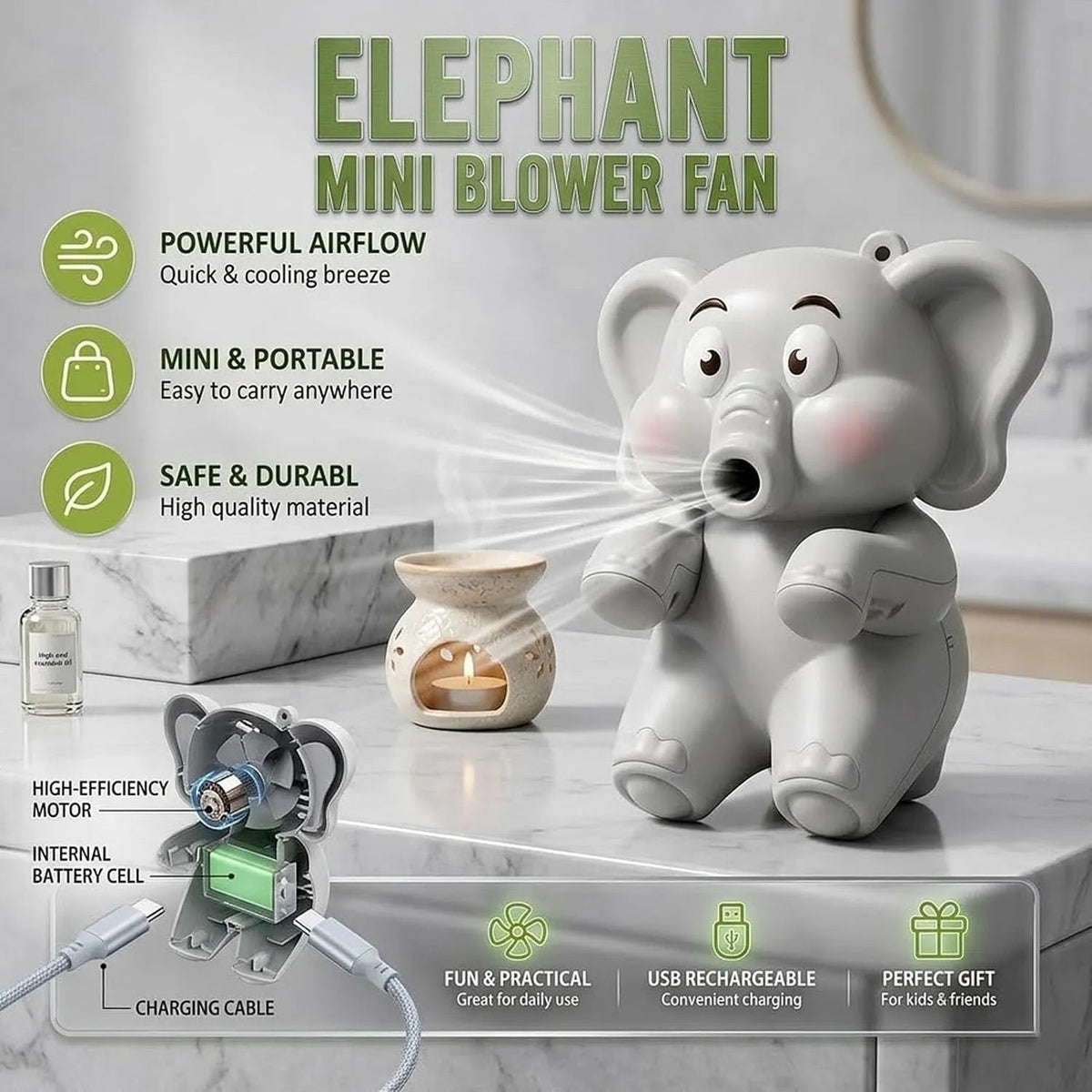 Elephant fan airflow and charging features